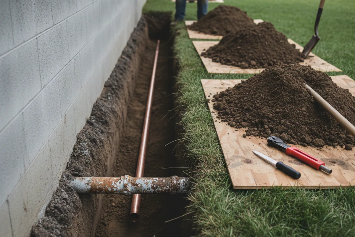 Excavated water line trench during Water Softener Installation in Napavine